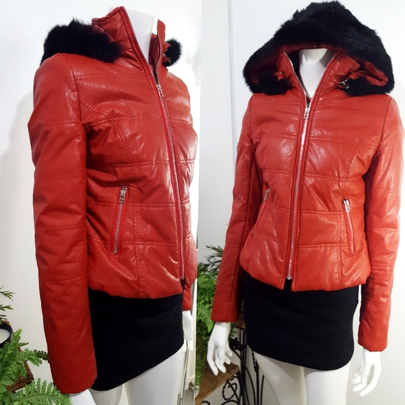 NEW SAMMI❤Red-Black Fur Hooded Faux Leather Bomber Short Winter Jacket - Picture 3 of 14